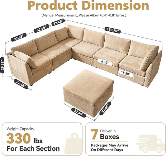 Large 7 Seat Modular Sectional Sofa with Ottoman Seat Corduroy Sleeper Sectional Sofa Bed Oversized Convertible Modular Couch for Living Room