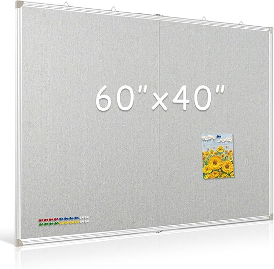 DOLLAR BOSS Foldable Linen Board, 60 x 40 Inch Corkboard, Large Bulletin Board, Portable Double Sided Aluminum Frame Wall Mounted Pin Board for Office School Dorm Supplies with 20 Push Pins, Grey