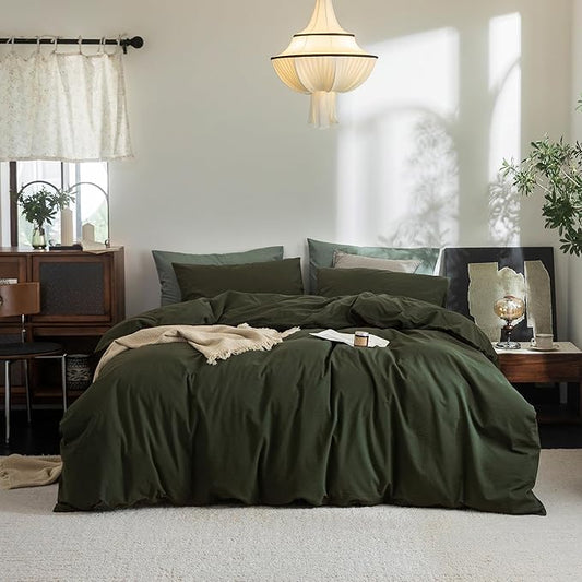 FOSSA Duvet Cover Set 100% Washed Cotton Linen Feel Super Soft Breathable Cozy Simple Style 3 Pieces Bedding Sets Solid Olive Green Oversized King Plus