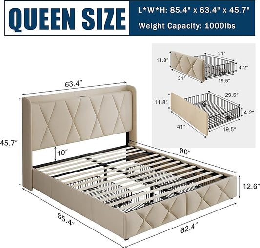 Queen Bed Frame with 4 Storage Drawers, Upholstered Platform Bed with Charging Station, Modern Wingback Storage Headboard, Easy Assembly,Noise-Free, Beige