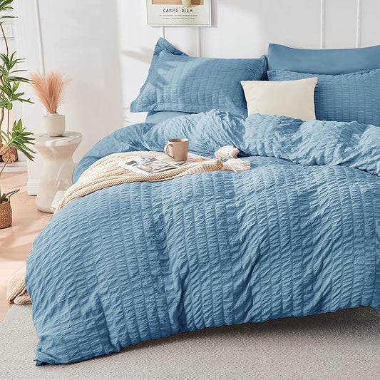 HYMOKEGE Mineral Blue Queen Comforter Set Seersucker 7 Pieces, All Season Luxury Bed in a Bag Queen for Bedroom, Bedding Set with Comforter, Sheets, Pillowcases & Shams