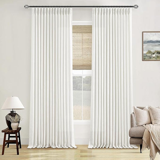 Beige White Pinch Pleated Linen Curtains 132 Inches Long 2 Panels for Living Room Bedroom Memory Training Shaped Semi Sheer Pleat Drapes with Hooks Rings Light Filtering Window Curtain 40x132