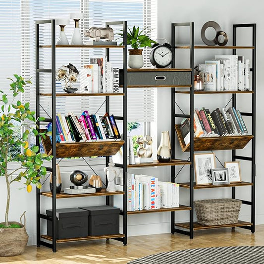 NUMENN Triple Wide 5 Tier Bookshelf, Adjustable Rustic Industrial Style Book Shelves, Modern Bookcases and Bookshelves Furniture for Bedroom, Living Room and Home Office, Vintage Brown