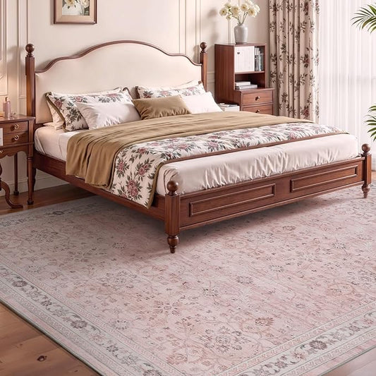 MontVoo-Vintage Area Rugs 8X10 Pink Rugs for Living Room-Soft Distressed Printed Rugs for Bedroom-Non Slip Carpet-Machine Washable Rug for Dining Room Living Room Bedside Office