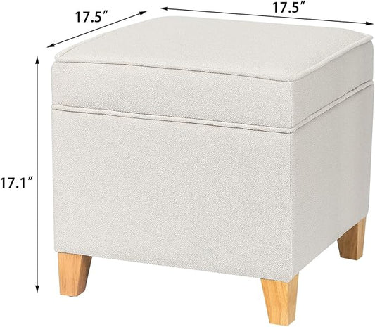 Adeco 17.5" Square Fabric Ottoman with Storage - Upholstered Cotton Linen Foot Rest - Flip Top Footstool with Sturdy Wood Legs, Small Cube Coffee Table Extra Seat for Living Room, Bedroom, White