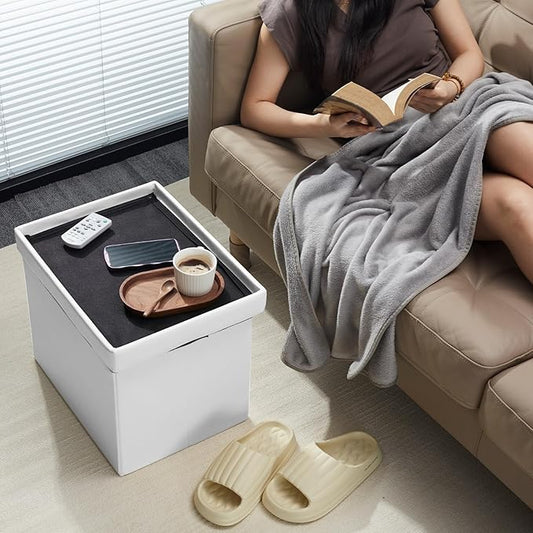 AmasSmile Storage Ottoman Folding Foot Rest Stool, Leather Footstool Bench, Short Ottoman Stool, Storage Foot Rest Store, Books (White, 17" D x 13" W x 13" H)