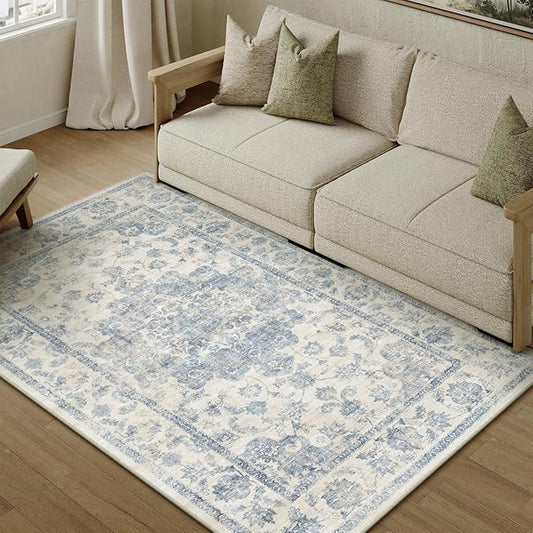 4x5 Washable Neutral Area Rug Blue Vintage Entryway Office Carpet Non-Slip Soft Low Pile Floral Indoor Throw Rug for Living Room Bathroom Dining Room