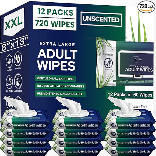 Adult Wipes For Elderly - 8"x13" Extra Large & Soft Wet Wipes for Adults Bathing - Incontinence Disposable Washcloths, Vitamin E & Aloe Infused for Men & Women 720ct (12 Packs of 60)
