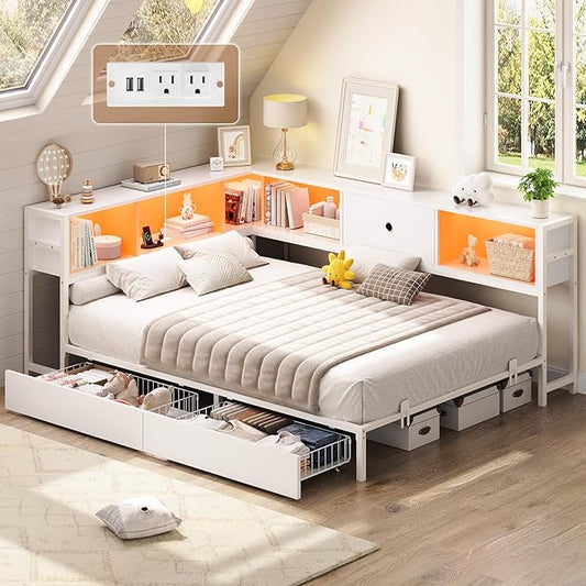 Hasuit Corner Full Bed Frame with Storage Drawers and Bookcase Headboard, Full Size Metal Platform Corner Bed Frame with Charging Station and LED Lights, Full Daybed for Kids Teens Guests, White