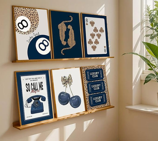 6Pcs Navy Blue Trendy Leopard Canvas Wall Art Fashion Lucky 8 Ball Painting pictures Preppy Y2K Aesthetics Wall Decor Trend Cheetah Prints Artwork for College Dorm Home Decoration 12x16in Unframed