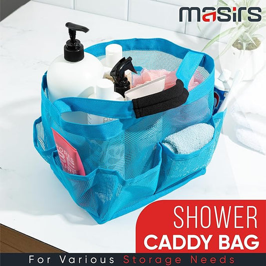 Masirs Shower Caddy Mesh - 9 Pocket Portable Bathroom Organizer Tote for Travel, Gym & Dorm - Collapsible Small Shower Caddy Bag to Hold Toiletries & Essentials (Blue)