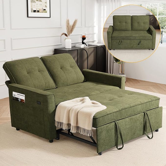 EJUNQ Pull Out Couch, Convertible Sofa Bed with USB and Reclining Backrest, Modern 3 in 1 Sleeper Sofa Couch Bed with Side Pockets, Comfortable Loveseat Sleeper for Small Spaces.(Green)