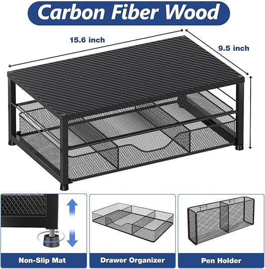 OPNICE Desk Organizer and Accessories, 2-Tier Computer Monitor Stand with Drawer and 2 Pen Holders, Laptop Stand, Office Desk Accessories for Office Supplies, Carbon Fiber