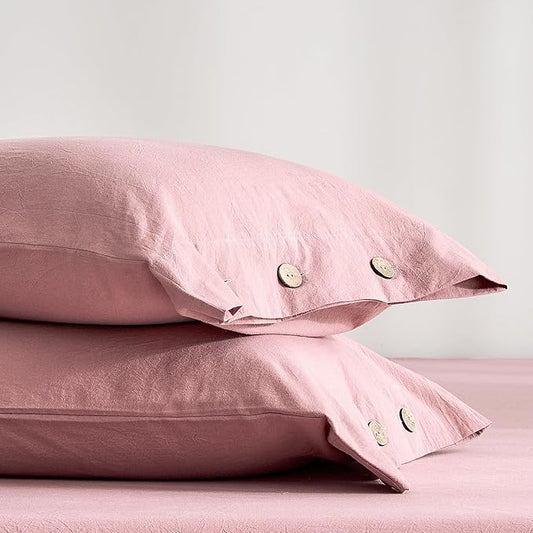JELLYMONI 100% Washed Cotton Standard Pillowcases Set, 2 Pack Linen-Like Texture Breathable Pillow Covers with Button Closure,Darker Rose Standard 20"×26"(Pillows are not Included)