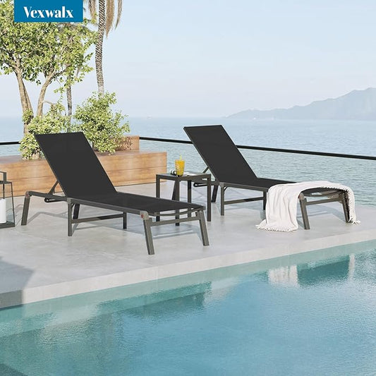 Foldable Pool Lounge Chairs, Aluminum Chaise Lounge Outdoor with 5 Positions Recliner - Free Assembly - Patio Lounge Chair for Poolside, Beach (Black)