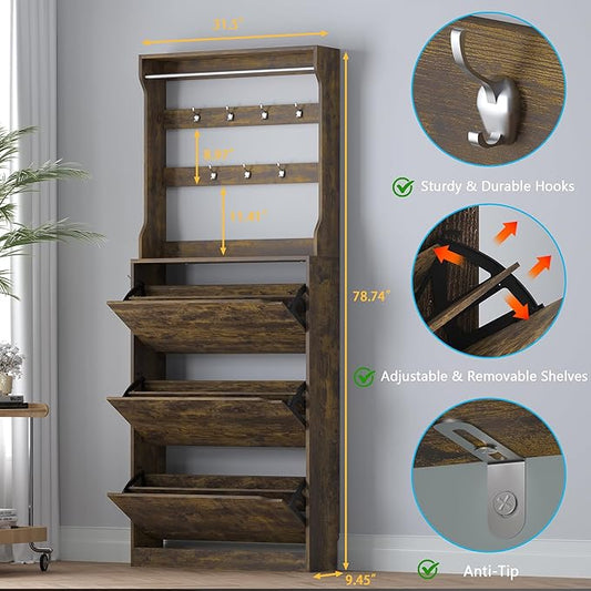 Shoe Cabinet with 3 Flip Drawers & Coat Rack, Narrow Hidden Shoe Storage Cabinet, 2-in-1 Hall Tree Slim Freestanding Shoe Rack Organizer for Entryway, Hallway, and Living Room