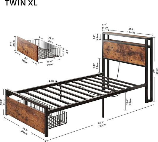 LIKIMIO Twin XL Bed Frames with Drawer, Storage Headboard with Outlets, No Box Spring Needed, Easy Assembly, Vintage Brown