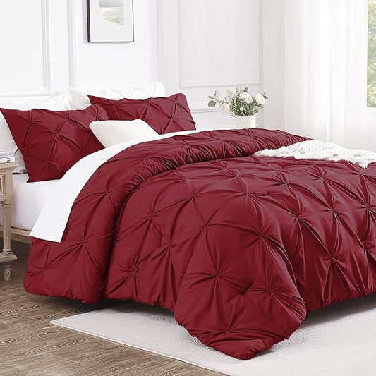 Andency Full Comforter Set Burgundy, 3 Pieces Pinch Pleat Bedding Comforters & Sets, Pintuck Lightweight Fluffy All Season Bed Set for Women Men Girls(79x90Inch)