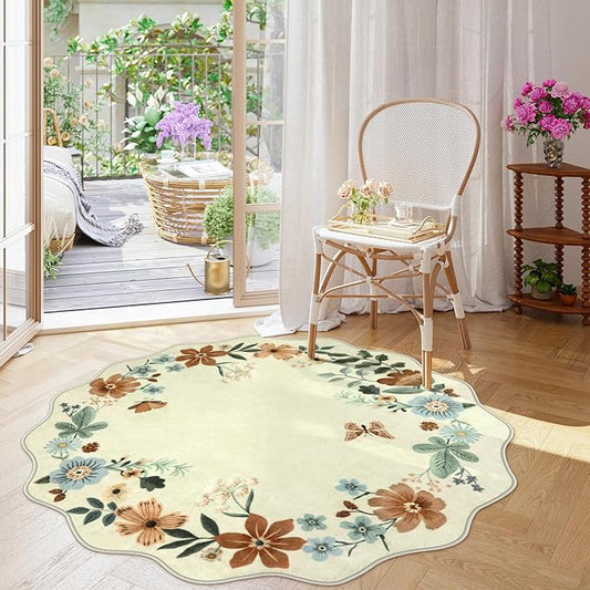 Lahome Floral Washable Round Rugs, Non-Slip Soft Round Rug 4ft Ultra-Thin, Small Boho Circle Carpet for Entryway Kitchen Bedroom Nursery Bathroom, Beige