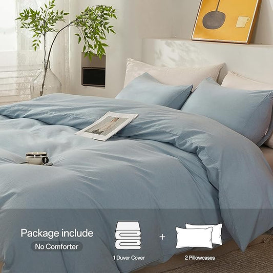 ECOCOTT 100% Washed Cotton Duvet Cover California King Size – Soft & Breathable Linen Feel Bedding Set, 3 Pieces Light Blue Comforter Cover with Zipper Closure for All Seasons