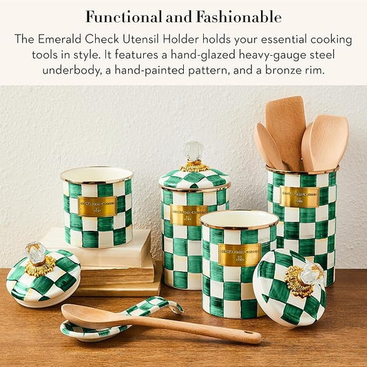 MACKENZIE-CHILDS Enamel Utensil Holder, Kitchen Utensil Holder for Countertop, Green-and-White Emerald Check