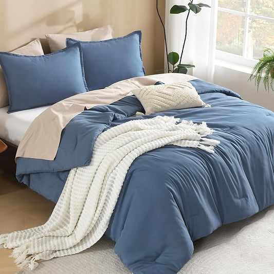 Litanika Comforter Set, Lightweight Solid Bedding Comforter Set, Fluffy Down Alternative Bed Set, Haze Blue, Oversized Queen