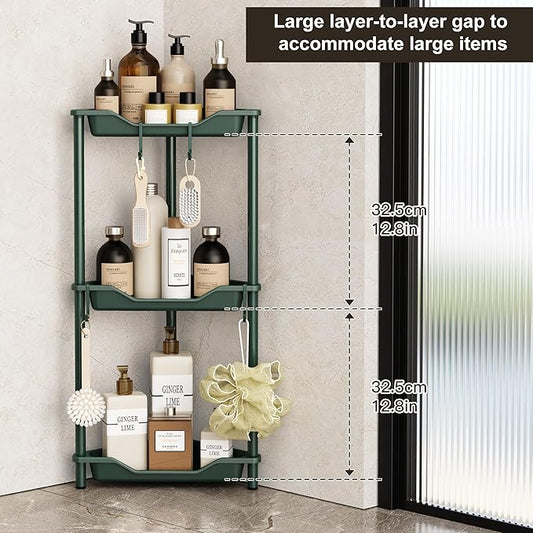 Orimade Rustproof 3 Tier Floor Standing Corner Shower Caddy Organizer, Plastic Metal Splicing Floor Corner Shelf Rack Stands for Bathroom, Dark Green