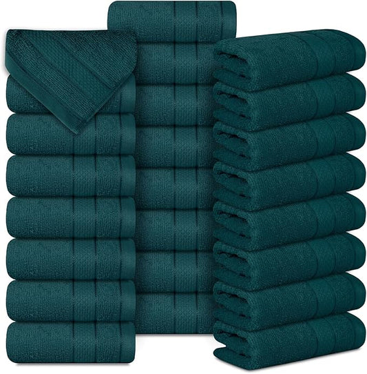 Casa Lino Face Towels & Body Wash Cloths for Showering - 100% Cotton Wash Cloths for Bathroom - Highly Absorbent & Quick Drying Washcloth Set - Cotton Washcloths 24 Pack (12" x 12") - (Teal)