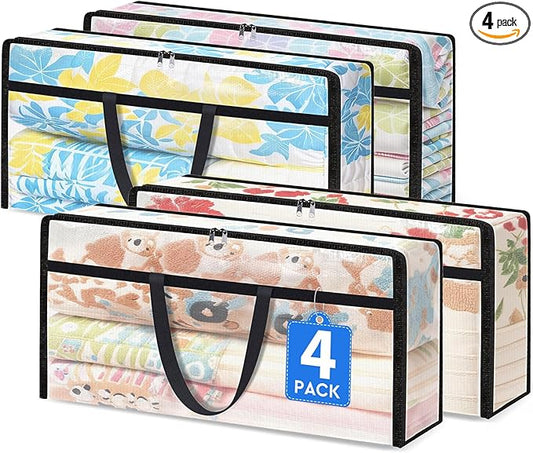 4 Pack Long Clear Storage Bags for Comforter, Clothes & Bedding, Plastic Blanket Storage with Zipper and Handle, Moving Bags, Closet Organizer and Under-Bed Storage (90L, 39.4"*7.1"*19.7")
