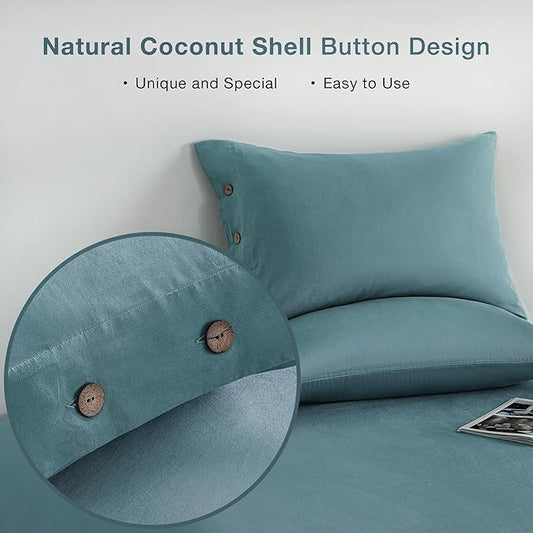 JELLYMONI Cotton Pillowcases King Set of 2 Button Pillow Covers 20×36in Grayish Blue Bed Pillow Cases 100% Washed Cotton Soft Breathable