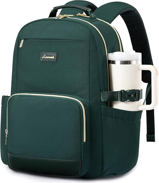 LOVEVOOK Laptop Backpack for Women with Pouch Pocket for Large Capacity Cup,18 Inch Laptop Computer Bag Travel Backpack Purse,Waterproof Work Business Backpack College Teacher Bags,Dark Green