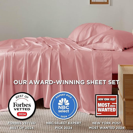 Bedsure California King Sheet Sets, Cooling Sheets, Rayon Derived from Bamboo, Breathable & Soft, Deep Pocket Up to 16 Inches, Hotel Luxury Silky Bedding for Hot Sleepers, Blush Pink
