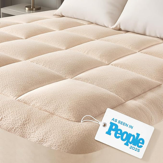 Ultra Soft King Size Mattress Topper - Viscose Made from Bamboo Pillow Top Mattress Pad for Back Pain Relief - Naturally Cooling for Hot Sleepers, Beige