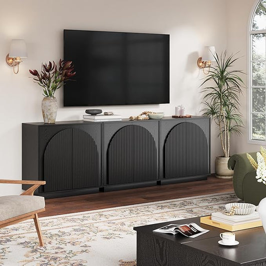 win2win Fluted Sideboard Buffet Cabinet with Storage, 31.5" Modern Accent Cabinet with Double-Layered Arch Doors, Small Wood Console Credenza for Living Room, Dining Room, Entryway, Black, 3PCS
