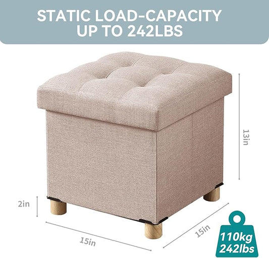 BRIAN & DANY Ottoman with Storage, Small Storage Ottoman for Dorm, Linen Folding Ottoman Foot Stool with Legs for Living Room and Bedroom, 15"x15"x15" - Beige