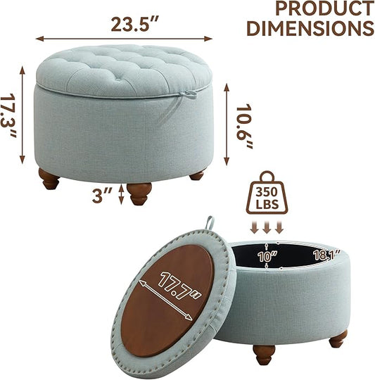24Inch Round Storage Ottoman with Tray, Modern Tufted Fabric Circle Coffee Table with Storage, Upholstered Ottoman with Removable Top for Living Room, Bedroom, Light Blue