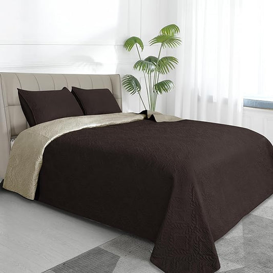 Easy-Going Twin Size Reversible Quilt Set with 1 Quilt and 1 Pillow Sham, Soft Bed Quilt Cover, Water Resistant Lightweight Microfiber Bedspread, Stain Resistant, Olive Leaf-Chocolate/Beige