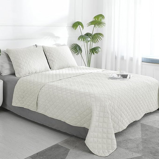 Easy-Going King Size Reversible Quilt Set with 1 Quilt and 2 Pillow Shams, Soft Bed Quilt Cover, Water Resistant Lightweight Microfiber Bedspread, Stain Resistant, Ivory/Ivory