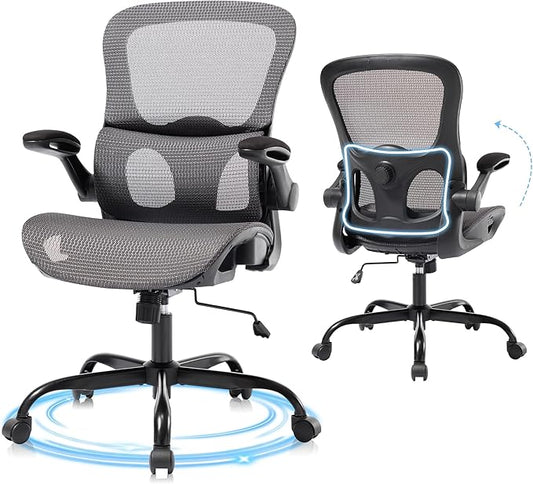 Office Chair, Ergonomic Desk Chair with Adjustable High Back 2D Lumbar Support Flip-up Armrests, Executive Breathable Mesh Comfy Swivel Rolling Computer Task Chair for Home Office Study Work Gaming