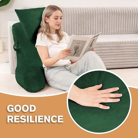 Portable Reading Pillows with Headrest for Bed Sitting Up(Green Oeko-Tex), Velvet Back Pillow with Arms & Pockets for Adults, Support Memory Foam Bed Pillow for Dorm/Reading/Watching/Gaming