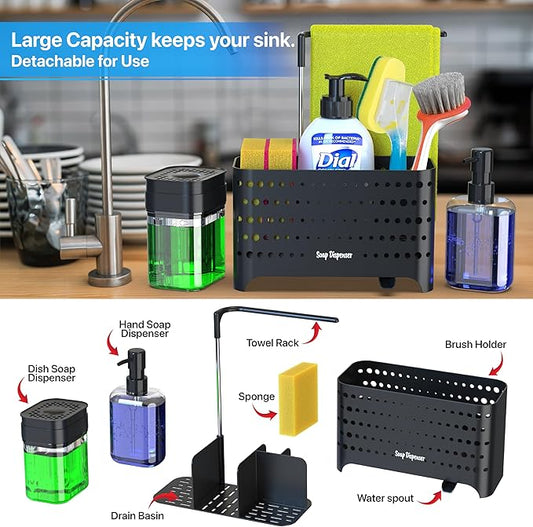 YAN & HIN Dish soap Dispenser with Sponge Holder, 5-in-1 High Brush Holder with Hand Soap & Dish Soap Dispensers - Perfect Kitchen Soap Dispenser Set, Includes Sponge, Dishcloth Bar