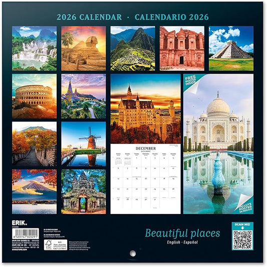 Beautiful Places Wall Calendar 2026 12" x 12" FSC® Plastic Free - Starts Week On Sunday | Family Planner Travel Calendar 2026