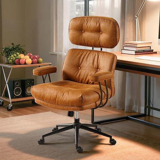 Home Office Desk Chair, Mid-Century Modern Office Chair with Adjustable Lumbar Support, Thickened Cushion Executive Desk Chair with 360 Rolling Swivel for Meeting Game Study Room(Light Brown)
