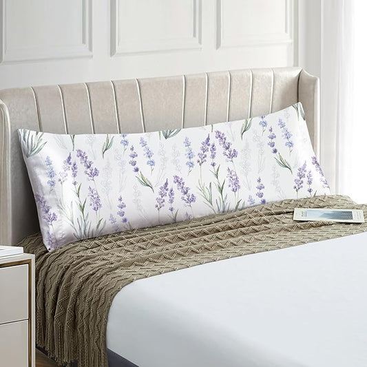 EXQ Home Satin Pillowcase for Hair and Skin Body- Flower Printed Lavender Silk Pillowcase 20x54 inches - Body Pillow Cases with Envelope Closure, Gifts for Women