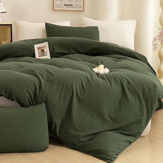 ECOCOTT 3 Pieces Duvet Cover Set Twin Size 100% Washed Cotton 1 Duvet Cover with Zipper and 2 Pillowcases, Ultra Soft and Easy Care Breathable Cozy Simple Style Bedding Set (Avocado Green)
