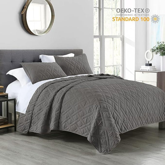 HORIMOTE HOME Quilt Set Queen Size Grey, Classic Geometric Diamond Stitched Pattern, Microfiber Ultra Soft Lightweight Bedspread Coverlet for All Season, 3 Piece Includes 1 Quilt and 2 Shams