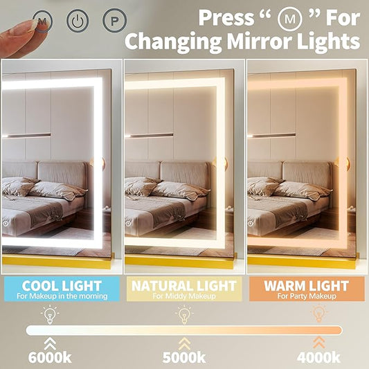 FENNIO 23" x 18" Vanity Mirror with Lights,LED Makeup Mirror,Hollywood Mirror with 3 Color Modes & Adjustable Brightness,Vanity Mirror Square Gold