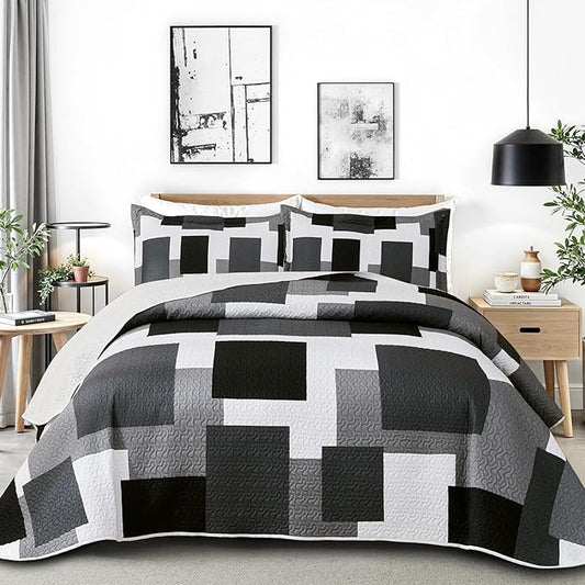 3 Piece Black Grey Quilt Set California King Size Black White Geometric Reversible Bedding Set Microfiber Lightweight Bedspread Coverlet with 2 Sham Modern Bed Covers for All Season, 118''x106''
