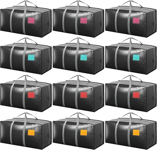 12 Pack Extra Heavy Duty Large Moving Bags with Reinforced Zipper & Wide Handles, Waterproof Storage Bins for Clothes, College Dorm, Travel, and Home Organization, Gray