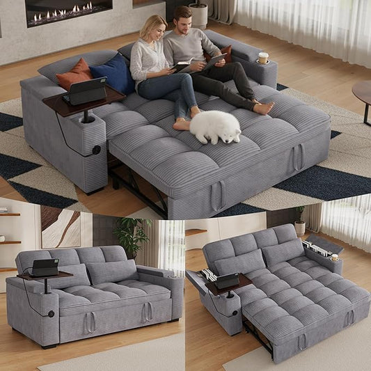 65" Sofa Bed, Loveseat 3-in-1 Sleeper Sofa with Pull Out Bed, 360° Swivel Side Table and USB, 2 Seater Convertible Small Couch for Living Room Apartment (Gray, Corduroy)